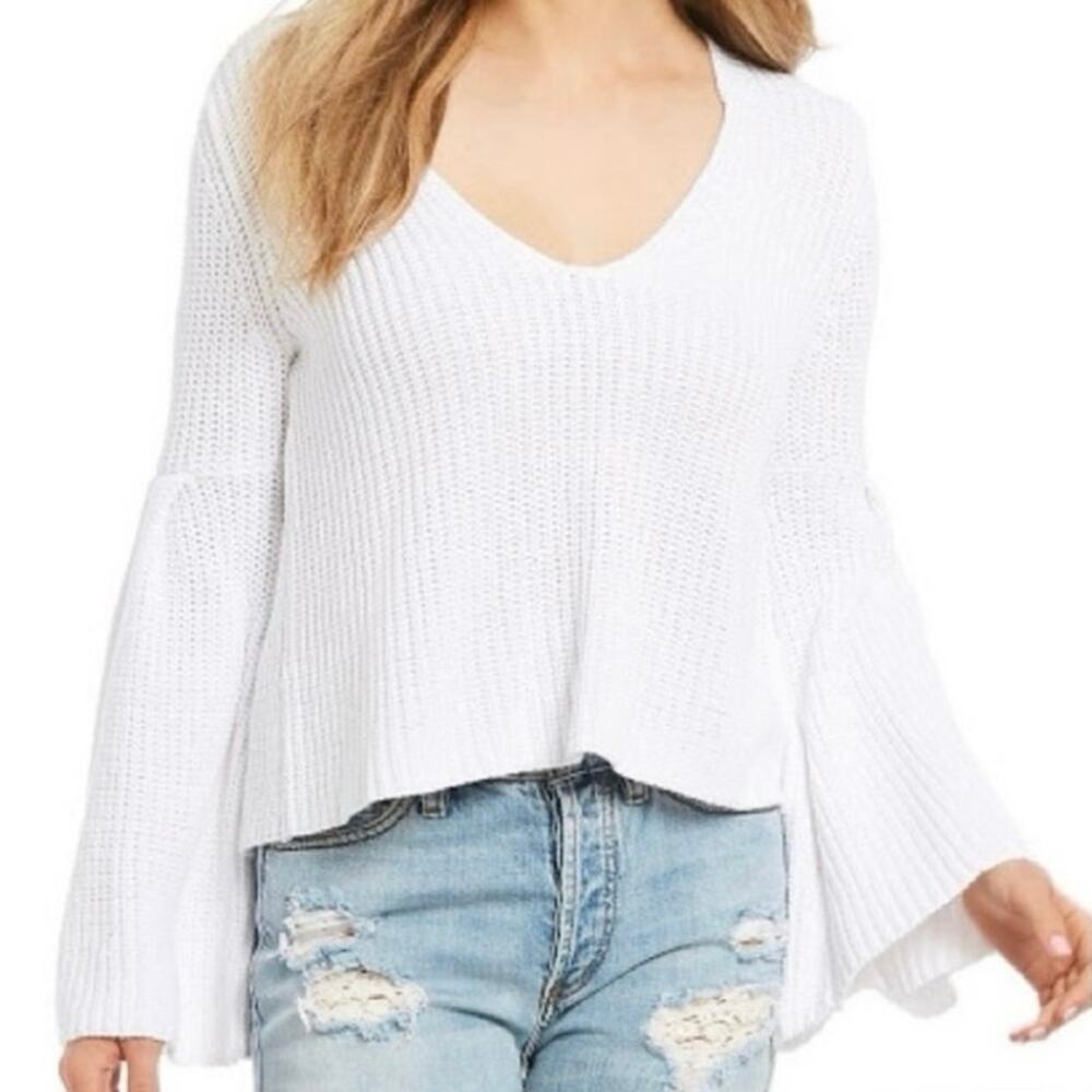 Free People White Cotton Bell Sleeve V-Neck Sweater Size Small
